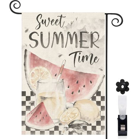 Drapeau vertical Sweet Summer Time et fruits frais aquarelle 30 x 45 cm décoration saisonnière extérieure (1/5)