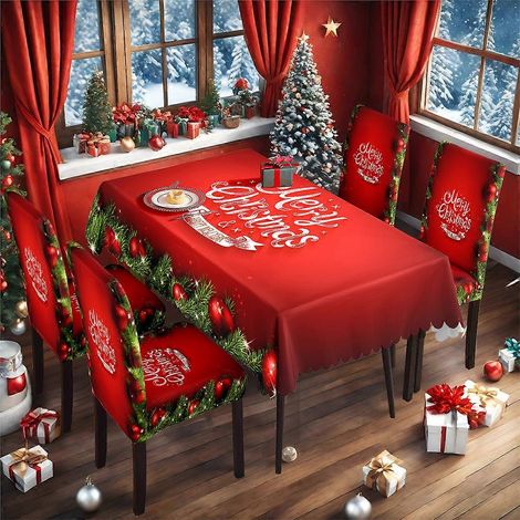 Ensemble nappe et housse de chaise de Noël rouge classique 2025, imperméable et extensible (140 x 210 cm) - TC-59 (1/4)