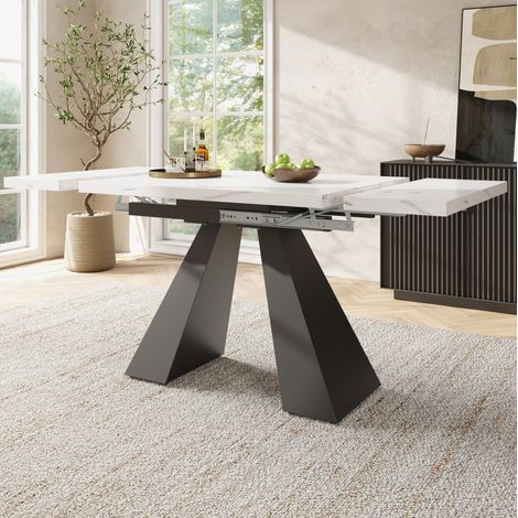 Ausziehbarer Esstisch 99-159x74x77 cm Weiß aus MDF und Metall mit Marmoroptik und stabilen Carbonstahlbeinen (1/5)