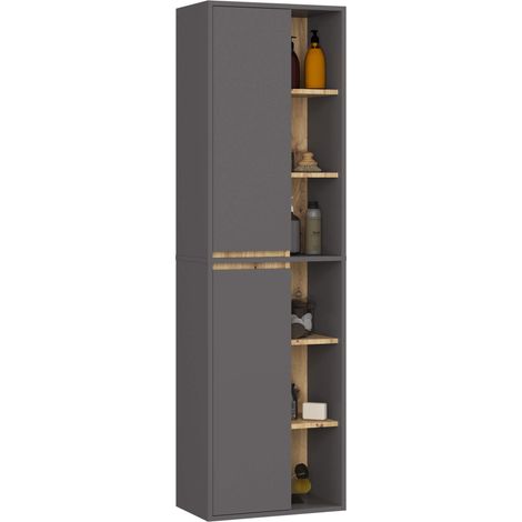Colonne salle de bains VAMI suspendu Gris Graphite et Chêne Artisan 50 cm 2 portes 10 étagères 50x30x170 cm (1/5)