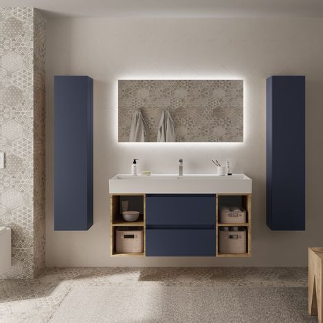 Meuble de salle de bain BEQUIA Plus 120cm Bleu mat /Chêne Vasque Porcelaine Centrale (1/5)