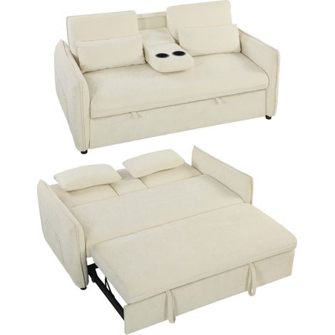 Canapé convertible 2 places 3 en 1, canapé-lit clic clac en chenille avec dossier réglable, porte-gobelets, beige (1/5)