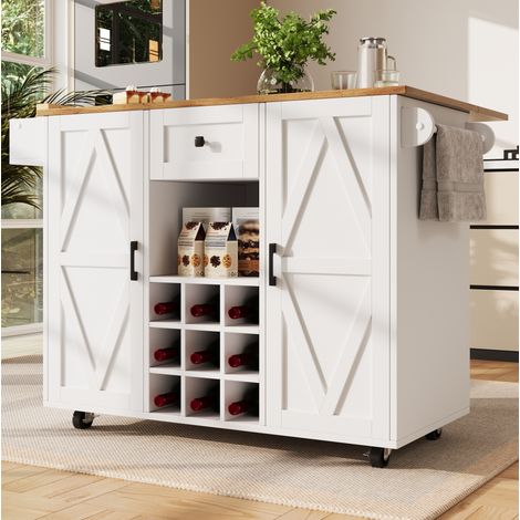 Carrello cucina 137,5x65x95,6 cm in MDF bianco con piano ribaltabile, per spazi piccoli – MEUBLIV (1/5)