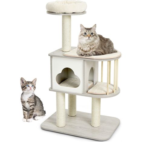 Wooden Cat Tower 4-Tier Cat Tree Climbing Play Center w/ Scratching Sisal Posts (1/5)