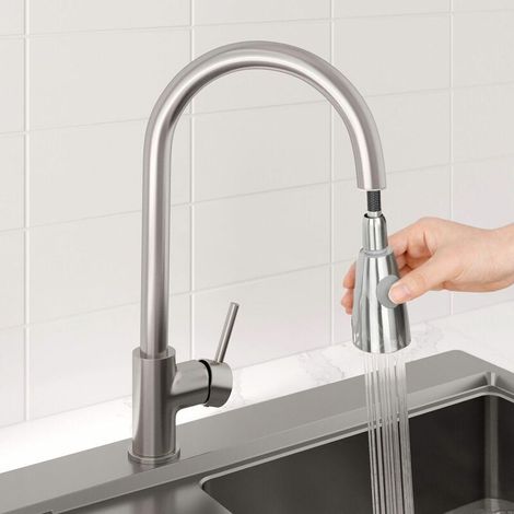 Pull Out Kitchen Faucet Single Lever Modern Single Sink Mixer Hot and Cold Water Faucet - Baden Brushed Nickel Finish (1/4)