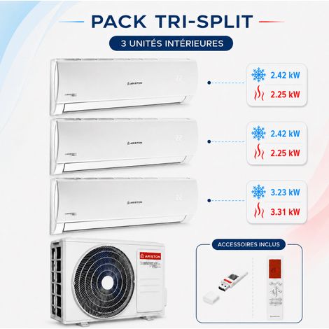 Ariston Group – Climatisation tri-split réversible 1 unité extérieure Trial 80 – 2 unités intérieures 2,5 kW Alys Net 25 – 1 unité intérieure 3,5 kW Alys Net 35 – Confort connecté