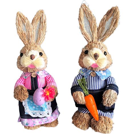 25 cm Lapins de Pâques en couple debout en paille naturelle fait main, figurines déco maison table jardin, statues lapin artisanales (2 pièces) (1/3)