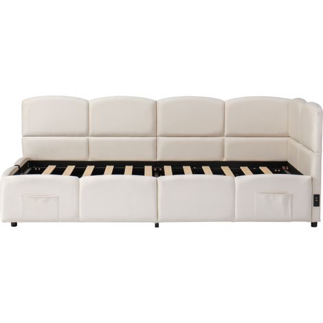 Cama arcón convertible 90x200 cm en terciopelo beige con somier, USB-A y USB-C MODENUIT