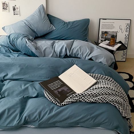 Ensemble de Literie en Coton Lavé A, Ultra Doux - Housse de Couette 200x230 cm, Drap Plat et Taies d'Oreiller pour Lit 180x200 cm - Style Étudiant, Couleur Bleu Azur Clair-lsw