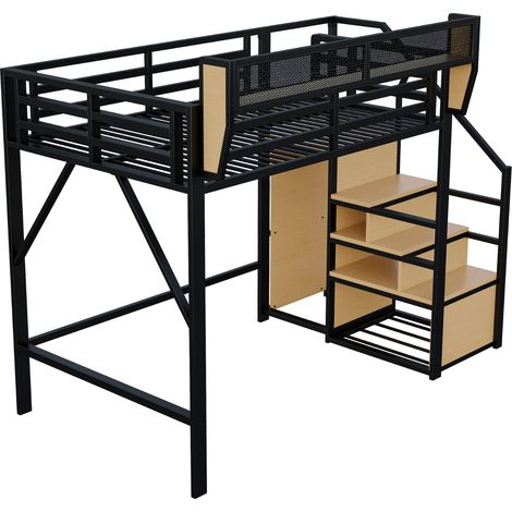 Letto a soppalco 140 x 200 cm in metallo nero con scala di sicurezza e mensola modulabile (1/5)