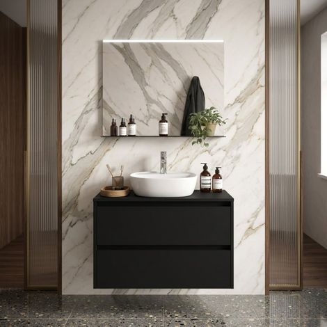 Mobile Bagno Sospeso 80 cm con 2 Cassetti e lavabo appoggio Nero Satinato – Linea
