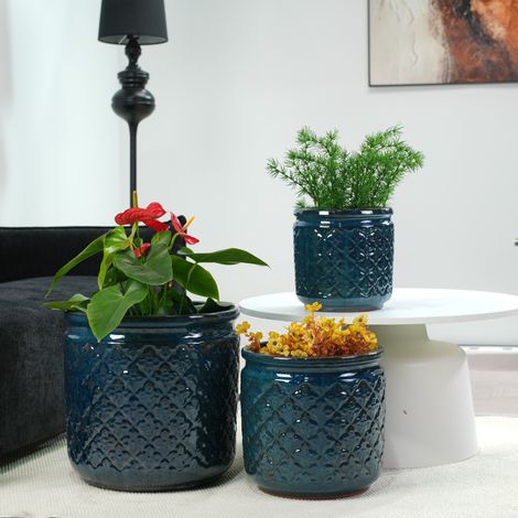 Vasi da giardino in ceramica 3 pezzi, Ø 38/30,5/23 cm, blu-verde lucido HAVRYA (1/5)
