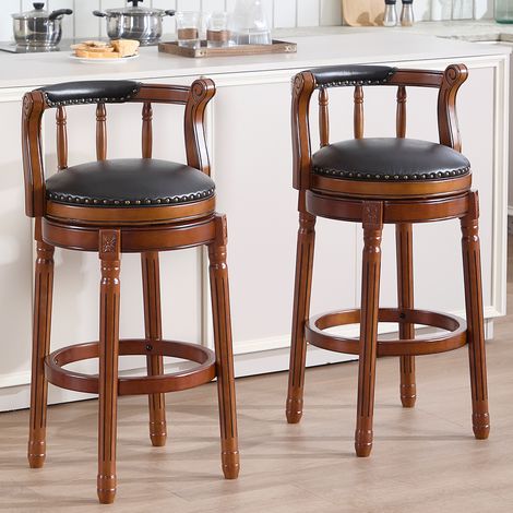 Sgabello da bar girevole 360° in pelle nera e legno, seduta alta 75 cm, stile classico (1/5)