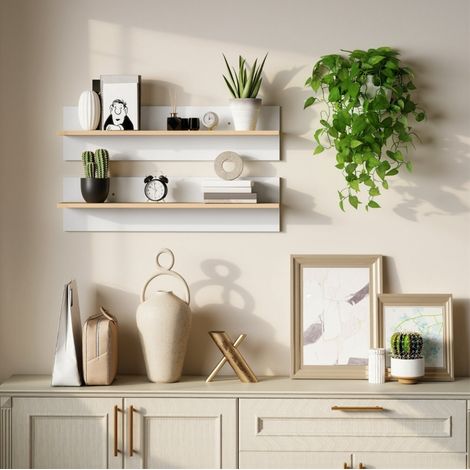 Estantes de pared, 2 unidades, 80 x 16,5 x 20 cm, Blanco/madera natural, FloraGrace (1/5)