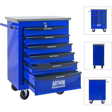 Carrello per Utensili 56.6x34.5x78 cm, 6 Cassetti, con Ruote Bloccabili, in Acciaio, Blu, per Officina e Garage (1/5)