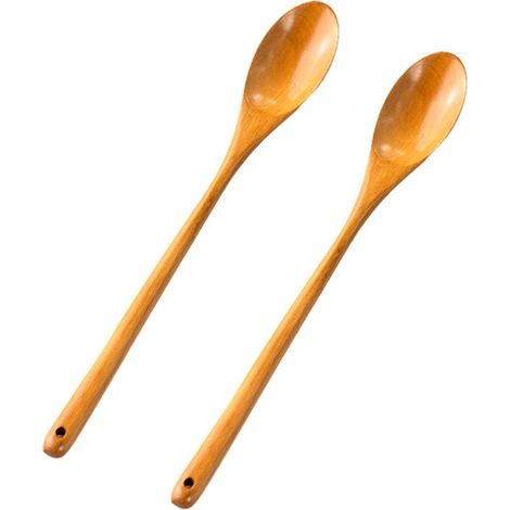 Lot de 2 cuillères en bois à long manche (28 cm), idéales pour la cuisson et le mélange. (1/4)