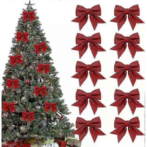 Lot de 10 nœuds rouges pailletés pour sapin de Noël (1/5)