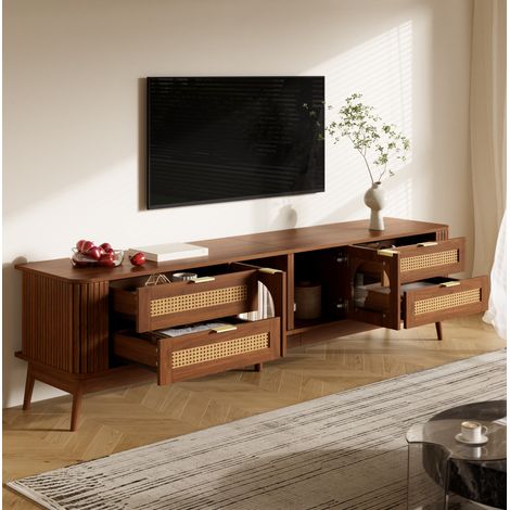 Mobile porta TV con illuminazione LED controllabile tramite app, 4 cassetti e 2 ante, 180x40x50 cm, in truciolato di noce (1/5)