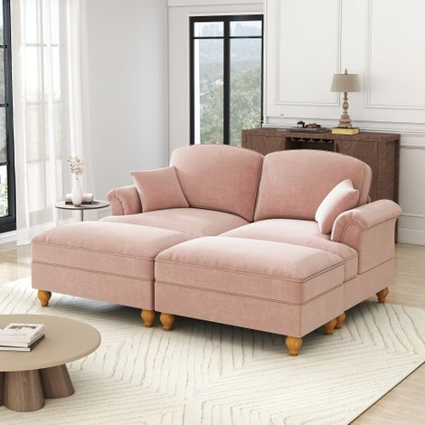 Klassisches modulares 2-Sitzer Sofa aus Chenille mit Trichter-Armlehnen, abnehmbarer Rüschenschürze, spindelförmigen Beinen & beweglichem Hocker – Weiches, tiefes Cloud-Sofa fürs Wohnzimmer,rosa 
WL