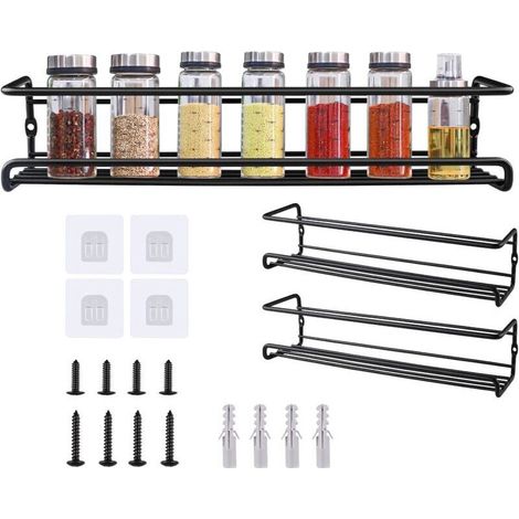 Étagère à épices murale noire – Lot de 2 – Métal peint haute qualité – Installation avec crochets autocollants ou vis – Dimensions 5,6 cm de diamètre (1/5)