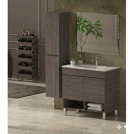 Conjunto Mueble de baño NEBARI con patas ya montado 2 puertas, lavabo y espejo Roble Smoky 60x35 cm Con columna