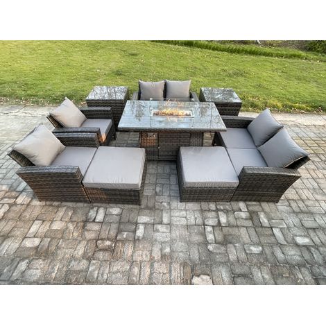 Fimous Outdoor Garden Furniture Sets 9 Pieces Wicker Rattan Furniture Gas Firepit Dining Table Sofa Set with 2 Big Footstool 2 Side Tables Dark Grey Mixed (1/5)
