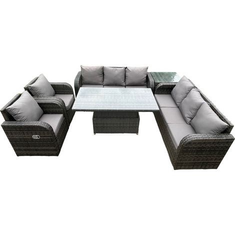 Fimous PE Rattan Gartenmöbel Sets Höhenverstellbare aufsteigende DiningTable Sofa Set mit Liegestuhl Beistelltisch Dunkelgrau gemischt (1/5)