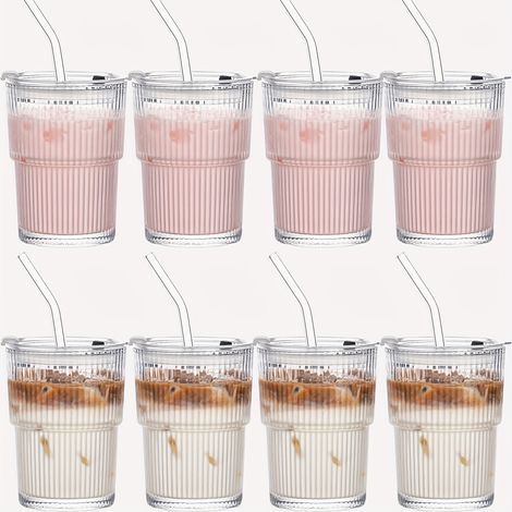 Lot de 8 Tasses à Café en Verre – 400ml. Avec Couvercle et Paille. Pour Boissons Chaudes/Froides. Modèle (Rayures). (1/4)