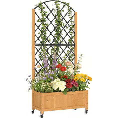 Jardinière surélevée avec grillage métallique. Jardinière en bois à roulettes. Jardinière d'extérieur. Marron (1/5)