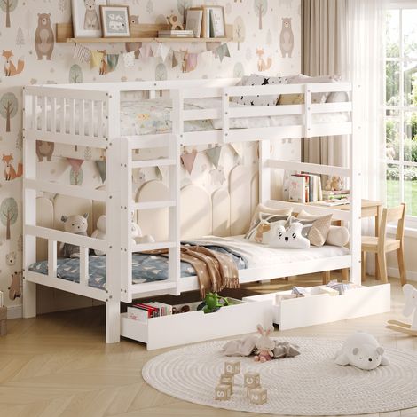 Superaly - Lit superposé 90x200 cm avec 2 tiroirs - lit enfant avec escalier - séparable en deux lits simples - barrières de sécurité - Structure en bois massif - blanc - Adapté à plusieurs pièces (1/5)