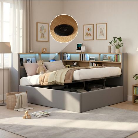Cama de día tapizada en terciopelo gris 90x200 cm con almacenaje hidráulico, LED, USB y somier de láminas (1/5)