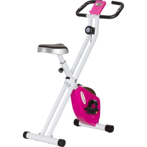 Vélo d'exercice magnétique pliable à 8 niveaux avec écran LCD, selle et roues réglables, rose et blanc (1/5)