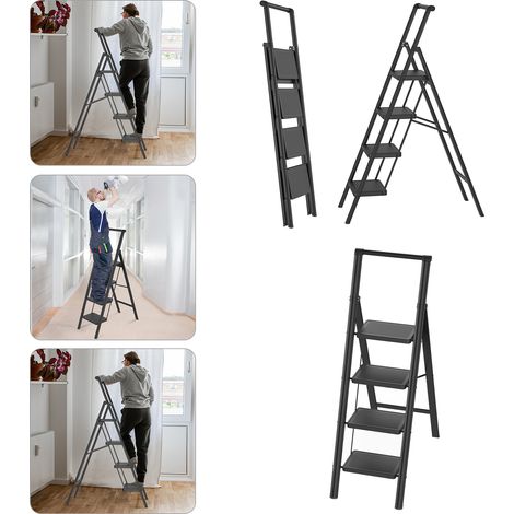 Hengmei – Escabeau pliable 4 marches – Capacité 250 kg – Large pédale antidérapante – Main courante ergonomique – Métal noir pour usage professionnel (1/5)
