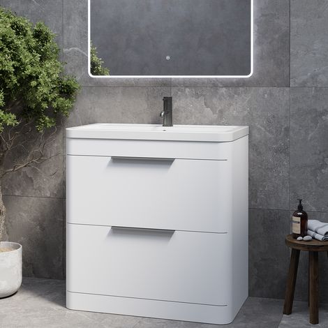Oslo Gloss White 800mm 2 Drawer Vanity Unit with Leni Basin - 800mm - Gunmetal Grey 300mm Finger Pull