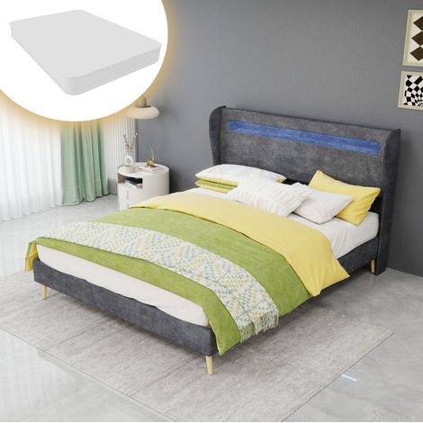 Bett modern gepolstert 140x200 cm in Grau mit verstellbarem Kopfteil und LED-Beleuchtung, Metallrahmen (1/5)