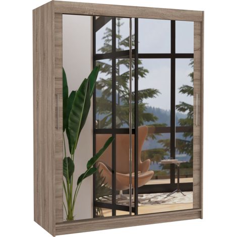 Armoire de chambre bois truffe 2 portes coulissantes avec miroir Prima 150cm (1/4)
