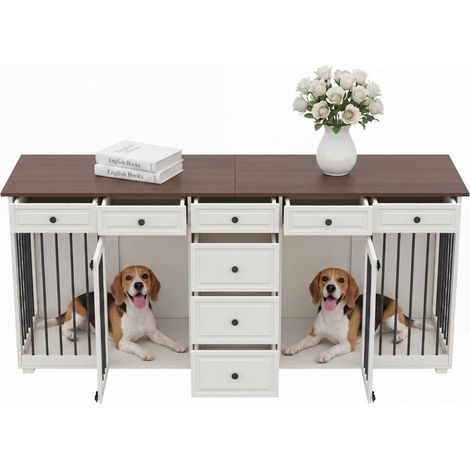 CHICFURN Meuble cage pour chien 2 chiens avec 8 tiroirs, niche d’intérieur style meuble TV en MDF et métal, blanc et bois foncé, 200x60x85 cm (1/5)