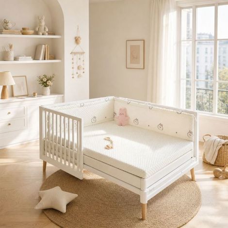 Tour de lit bébé – Anti-choc doux texture 3D apaisante – Pour berceau et lit évolutif – 150x28cm - Motif Lapin cerise (1/4)