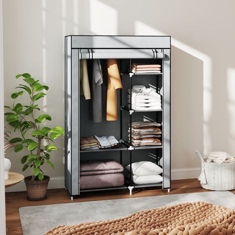 Armoire Penderie Pliable en Tissu Non Tissé Gris, 103x43x162.5 cm, 6 Niveaux Ouverts + 1 Barre de Suspension, Rangement Vêtements Portable (1/5)