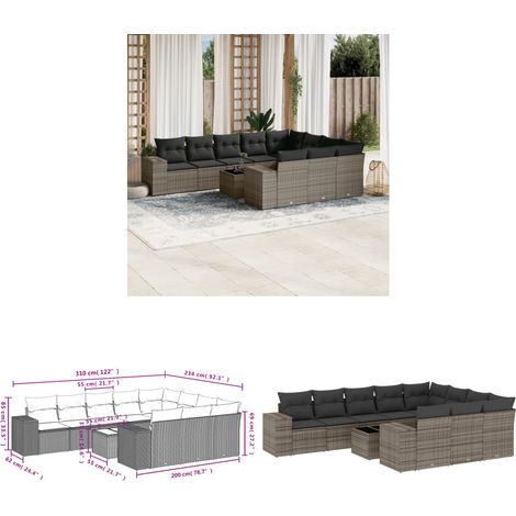 11-tlg. Garten-Sofagarnitur mit Kissen Grau Poly Rattan - Gartenmöbel Set - PE-Rattan Möbel - Outdoor Lounge - Esstisch - Sofasatz - Home & Living (1/3)