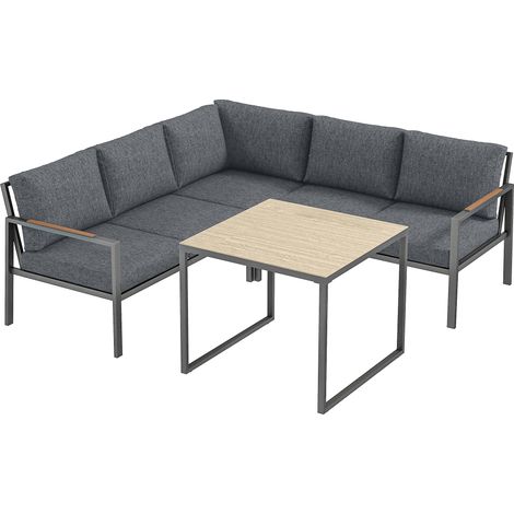 Salon jardin extérieur 3 modules 5 places, 2 banquettes avec coussins rembourrés, 1 table basse, 183x183x72cm, gris anthracite (1/5)