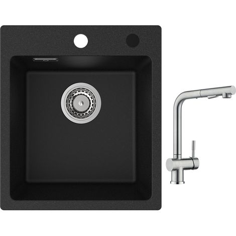 Cecipa Evier Quartz Noir 40x45cm Evier de Cuisine en Granit Evier à Encastrer 1 Vasque + Robinet Cuisine avec Douchette Mitigeur d'évier Extractible Brossé (1/5)