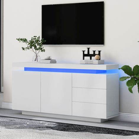 Buffet de salon commode moderne, Meuble bahut de rangement avec LED connectée RGB contrôlable par App, Bois laqué brillant avec 2 portes et 3 tiroirs 140x35x72.5cm, Blanc (1/5)