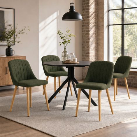Geourvant 5-Piece Dining Table Sets with Round Black Oak Veneer Dining Table and 4 Chairs - Green Textured Fabric Dining Chairs