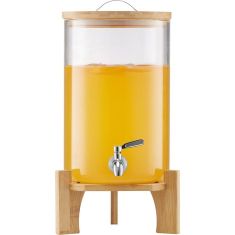 Distributeur de boissons en verre 8 L avec support en bois et robinet inox pour thé glacé, limonade et jus idéal fêtes (1/5)