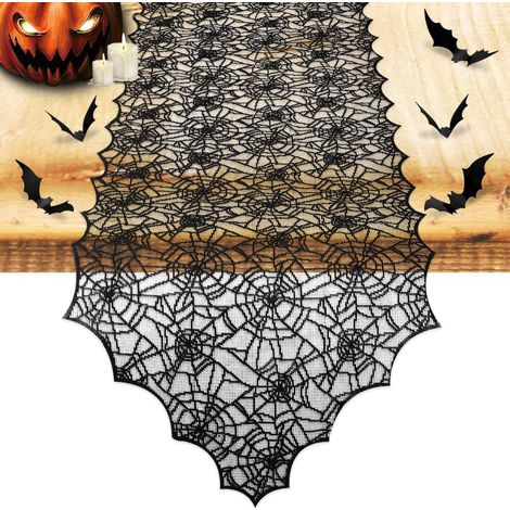 Nappe Halloween 3D Chauves-souris, Toile d'araignée Dentelle Noire pour Table de Cuisine, Décoration Fête Salle à Manger Intérieure, Lot de 12 Accessoires, 33 x 183 cm (1/5)