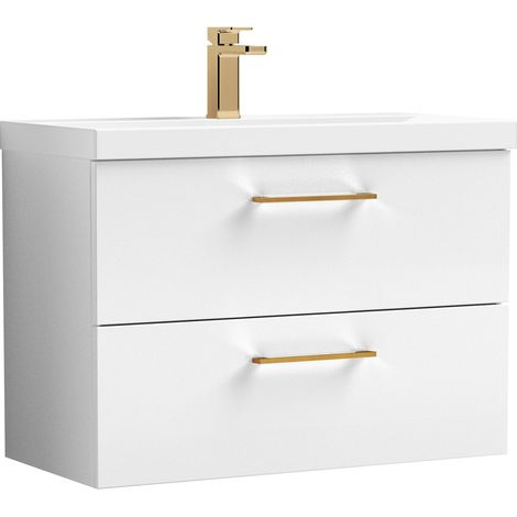 Balterley 800mm Wall Hung Bathroom 2 Drawer Vanity Unit and 1 Tap Hole Ceramic Basin, Gloss White with Brushed Bronze Handles
