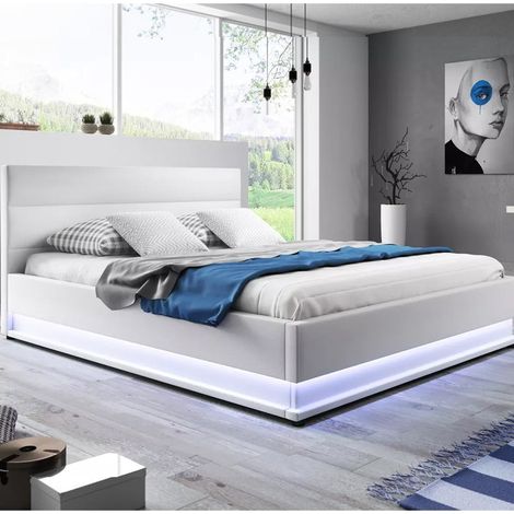 MEUBLER DESIGN Lit Led Avec Coffre De Rangement Ava - Blanc - 140x190, Polyuréthane, Style Contemporain, 204 x 154 x 90 cm (1/6)