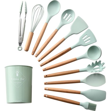 Ensemble d'ustensiles de cuisine en silicone vert menthe (1 pièce) : spatule, pelle et pelle antiadhésives avec manche en bois. Accessoires de cuisine. Couleur : 1 spatule. (1/5)