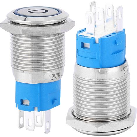 Bouton poussoir métallique 16 mm LED bleue tête plate ronde momentané anneau avec symbole alimentation 12 V (1/5)